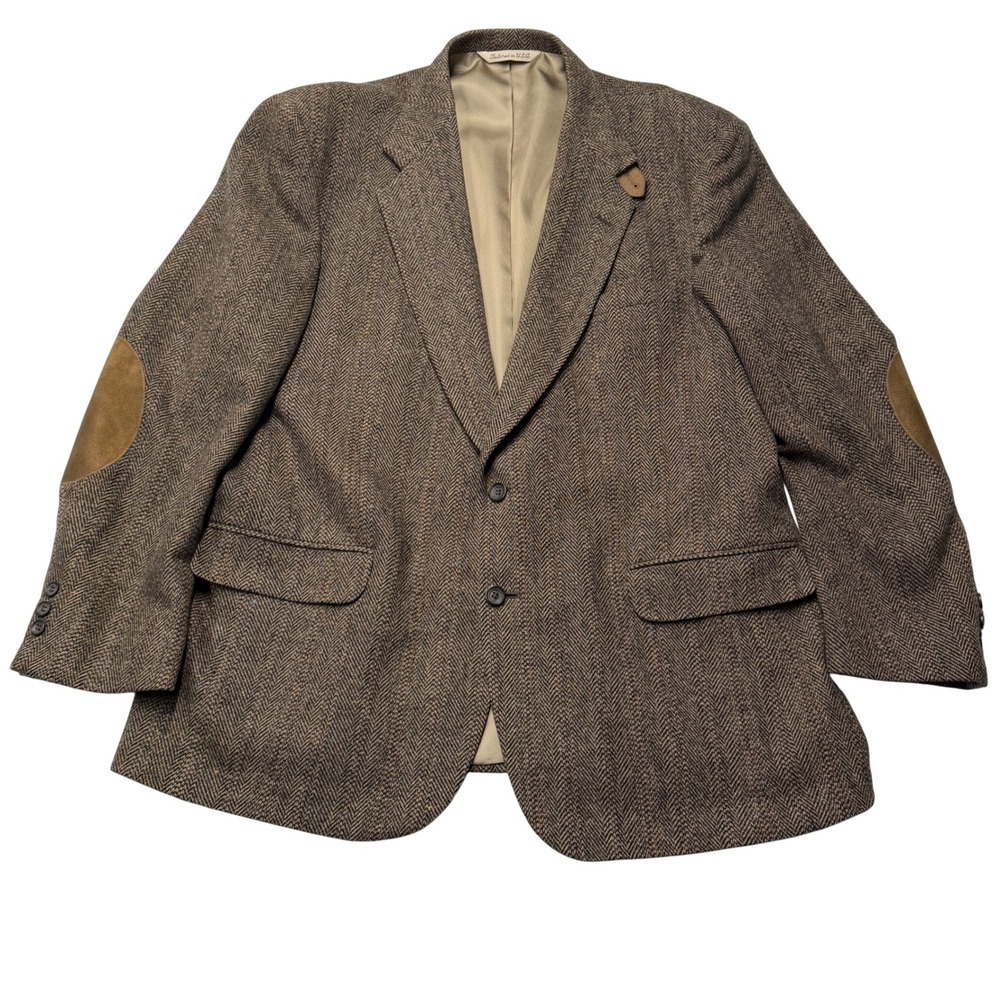Stafford 46L Vintage Tweed Blazer Wool Lambswool Herringbone Elbow Patches USA